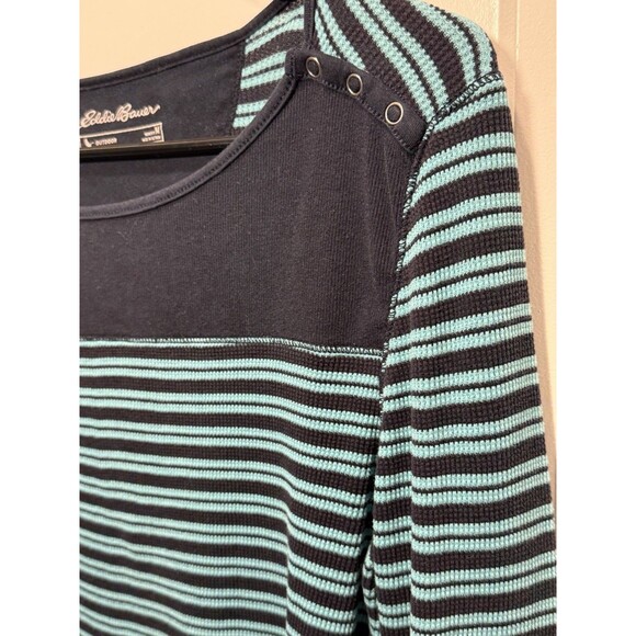 Y2K Eddie Bauer Striped Teal Thermal Long Sleeve Shirt Medium Outdoors Snaps M - Picture 2 of 10